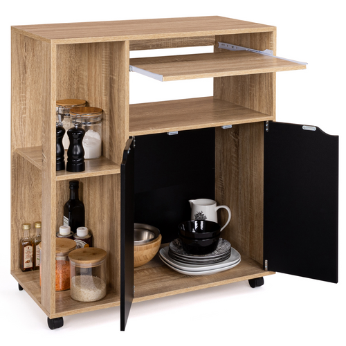 Desserte De Cuisine Cosi Bois Façon Hêtre Et Portes Noires L.76 Cm
