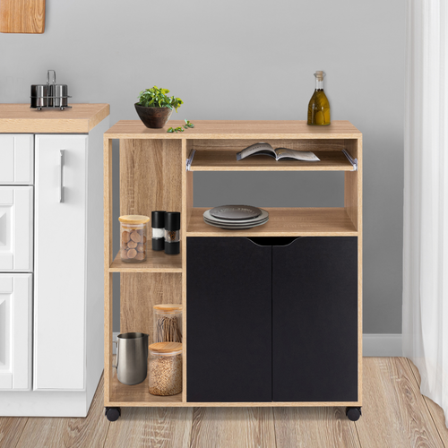 Desserte De Cuisine Cosi Bois Façon Hêtre Et Portes Noires L.76 Cm