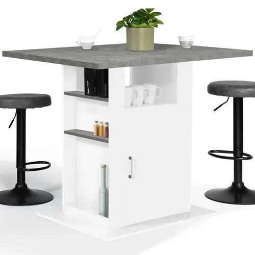 Ilot Central Ugo 110 Cm Plateau Effet Béton Et Blanc Avec Rangements