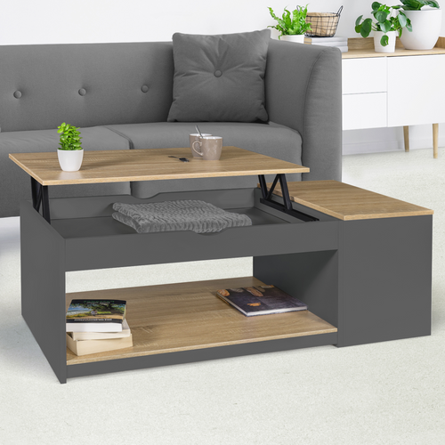 Table Basse Plateau Relevable Rectangulaire Elea Avec Coffre Bois Gris Et Façon Hêtre