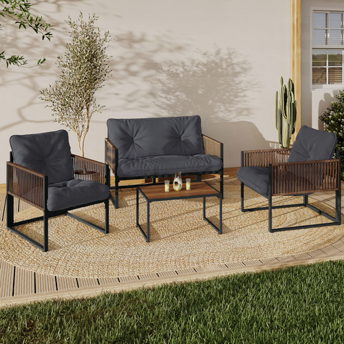 Salon De Jardin Bas Rio 4 Places Structure Métal Gris Anthracite, Cordage Effet Rotin Avec Coussin G
