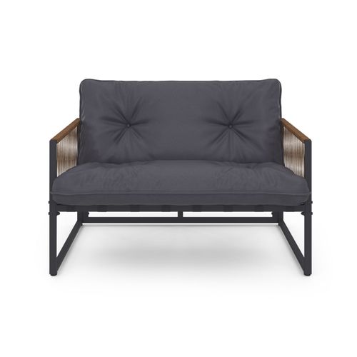 Salon De Jardin Bas Rio 4 Places Structure Métal Gris Anthracite, Cordage Effet Rotin Avec Coussin G