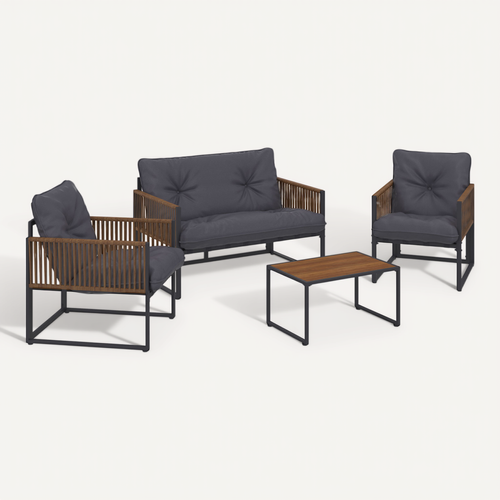 Salon De Jardin Bas Rio 4 Places Structure Métal Gris Anthracite, Cordage Effet Rotin Avec Coussin G