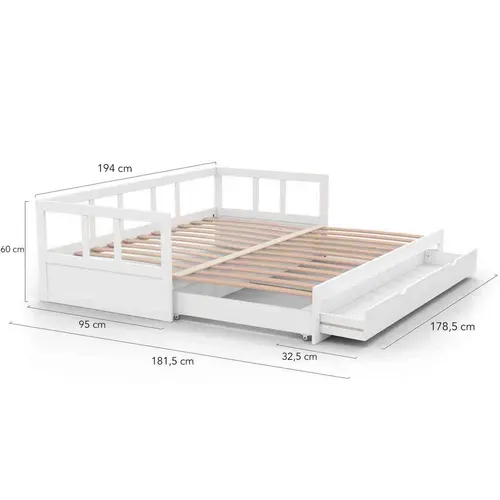 Lit Banquette 90 X 190 Cm Zoya Convertible 180 X 190 Cm Blanc Avec 1 Tiroir De Rangement