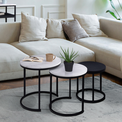 Lot De 3 Tables Basses Gigognes Alaska Rondes 35/40/45 Effet Marbre Et Noir Pieds Métal