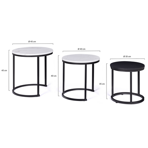 Lot De 3 Tables Basses Gigognes Alaska Rondes 35/40/45 Effet Marbre Et Noir Pieds Métal