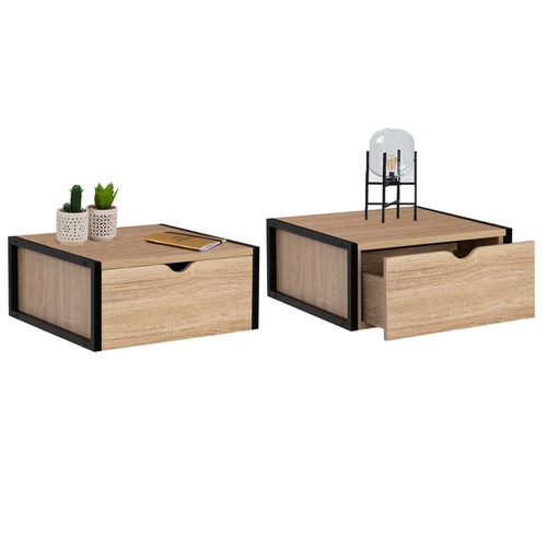 Lot De 2 Tables De Chevet Murales Detroit 1 Tiroir étagère Suspendue Bois Et Métal Noir Design Indus