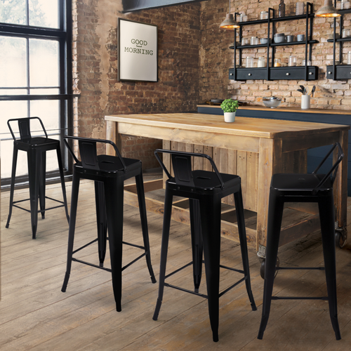 Lot De 4 Tabourets De Bar Leny Métal Noir Mat Et Dossier Aspect Brut Factory