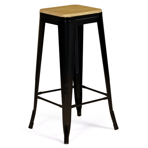 Lot De 4 Tabourets De Bar Leny Métal Noir Mat Assise Bois Empilable Aspect Brut Factory