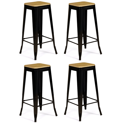 Lot De 4 Tabourets De Bar Leny Métal Noir Mat Assise Bois Empilable Aspect Brut Factory