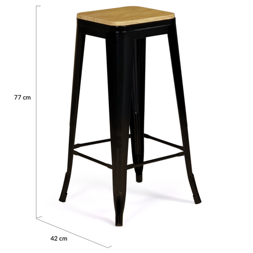 Lot De 4 Tabourets De Bar Leny Métal Noir Mat Assise Bois Empilable Aspect Brut Factory