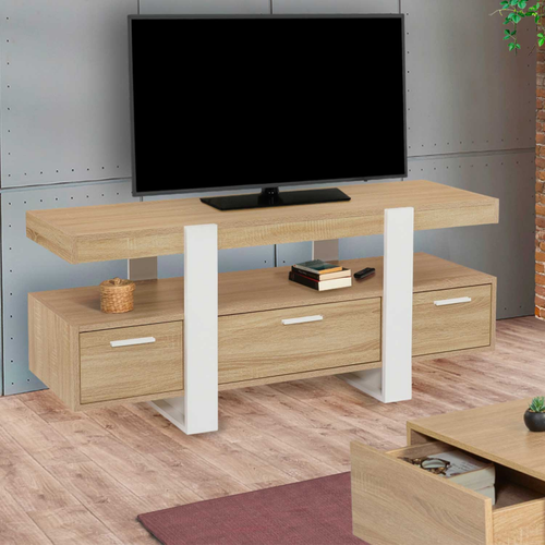 Meuble TV 116 Cm Phoenix Avec Tiroirs Bois Et Blanc