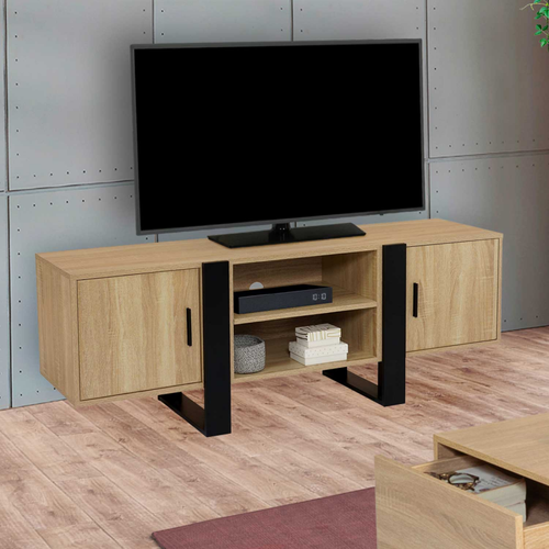 Meuble TV 140 Cm Phoenix 2 Portes Bois Et Noir