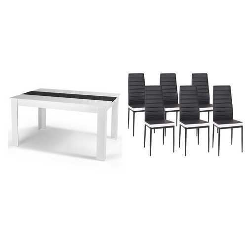 Ensemble Table à Manger Georgia 140 Cm Blanche Et Noire Et 6 Chaises Romane Noires Liseré Blanc