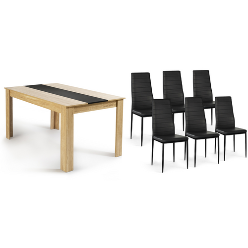 Ensemble Table à Manger Georgia 140 Cm Imitation Hêtre Et Noire Et 6 Chaises Romane Noires