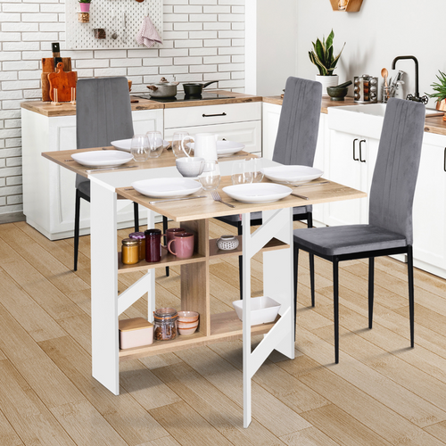 Table Console Pliable Edi 2-6 Personnes Avec Rangements Bois Blanc Plateau Façon Hêtre 150 X 80 Cm