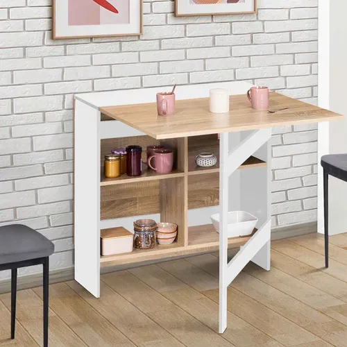 Table Console Pliable Edi 2-6 Personnes Avec Rangements Bois Blanc Plateau Façon Hêtre 150 X 80 Cm