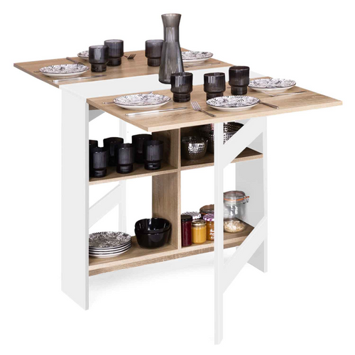 Table Console Pliable Edi 2-6 Personnes Avec Rangements Bois Blanc Plateau Façon Hêtre 150 X 80 Cm