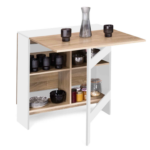 Table Console Pliable Edi 2-6 Personnes Avec Rangements Bois Blanc Plateau Façon Hêtre 150 X 80 Cm
