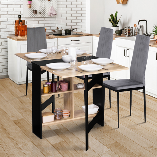Table Console Pliable Edi 2-6 Personnes Avec Rangements Bois Noir Plateau Façon Hêtre 150 X 80 Cm