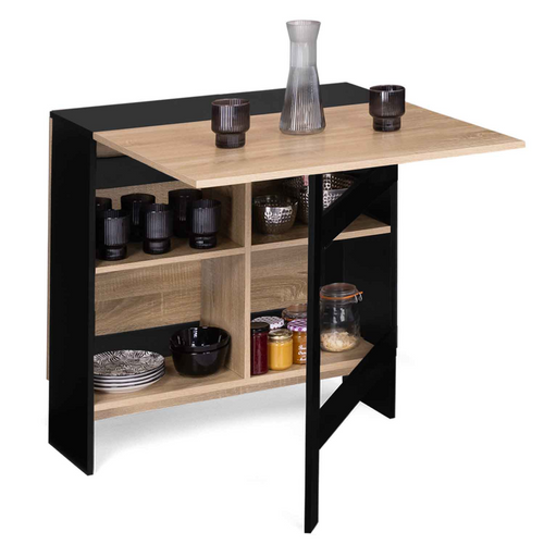 Table Console Pliable Edi 2-6 Personnes Avec Rangements Bois Noir Plateau Façon Hêtre 150 X 80 Cm