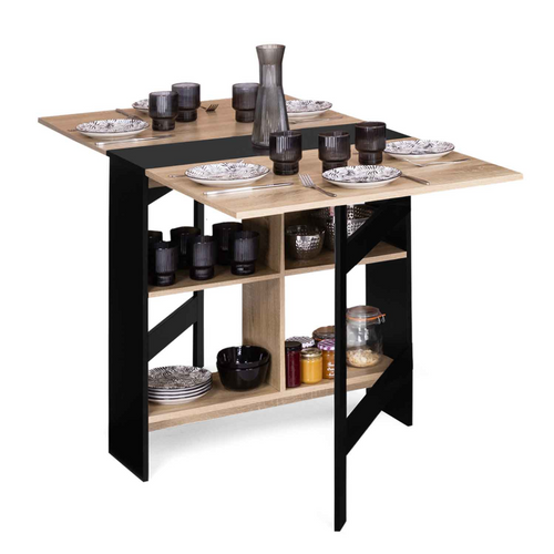 Table Console Pliable Edi 2-6 Personnes Avec Rangements Bois Noir Plateau Façon Hêtre 150 X 80 Cm