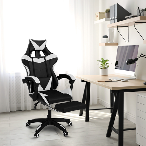 Fauteuil De Gaming Alex Réglable Avec Repose-pied, Coussin De Tête Et Coussin Lombaire Noir Et Blanc
