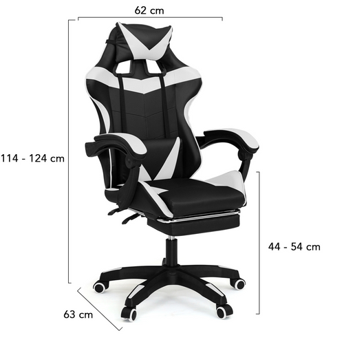 Fauteuil De Gaming Alex Réglable Avec Repose-pied, Coussin De Tête Et Coussin Lombaire Noir Et Blanc