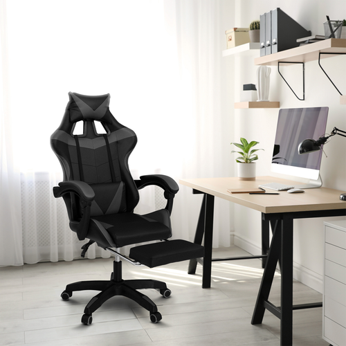 Fauteuil De Gaming Alex Réglable Avec Repose-pied, Coussin De Tête Et Coussin Lombaire Noir Et Gris