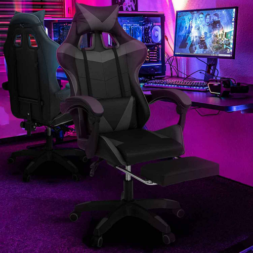 Fauteuil De Gaming Alex Réglable Avec Repose-pied, Coussin De Tête Et Coussin Lombaire Noir Et Gris