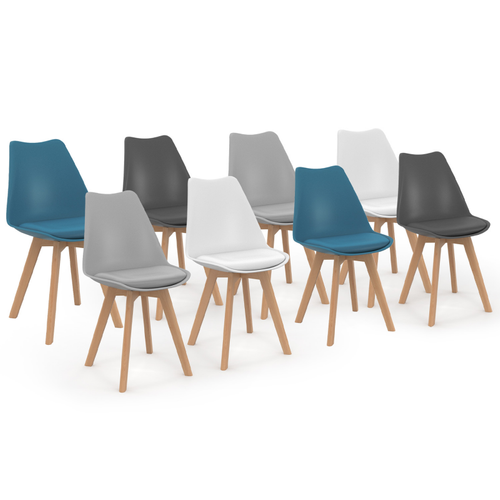 Lot De 8 Chaises Scandinaves Sara Mix Color Blanc X2, Gris Clair X2, Gris Foncé X2, Bleu Canard X2