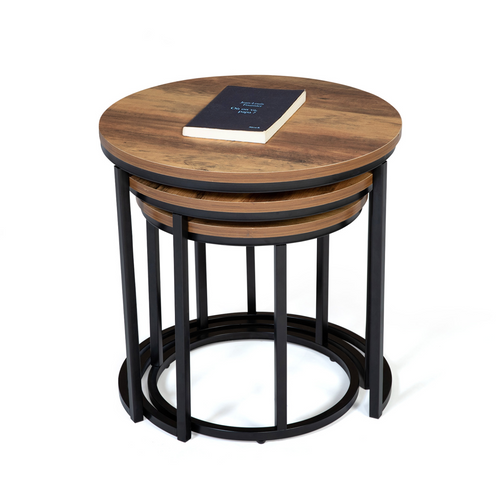 Lot De 3 Tables Basses Gigognes Hawkins Rondes 30/40/45 Bois Foncé Design Industriel