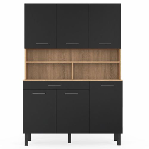 Buffet De Cuisine 120 Cm Cina 6 Portes + Tiroir Façon Hêtre Et Noir