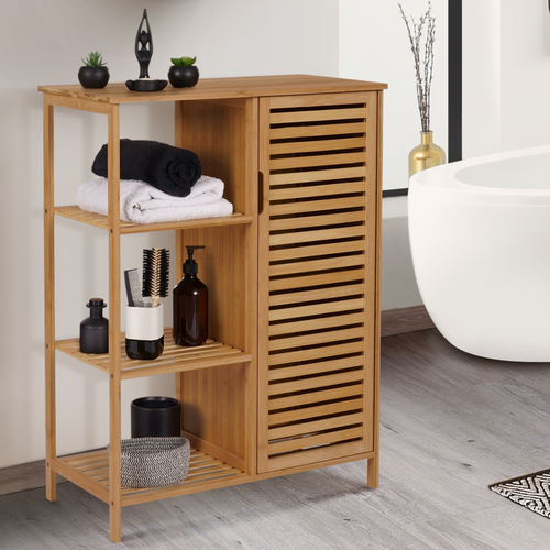 Meuble De Rangement Salle De Bain Bambou Bea 3 étagères Avec Placard