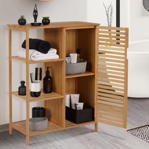 Meuble De Rangement Salle De Bain Bambou Bea 3 étagères Avec Placard