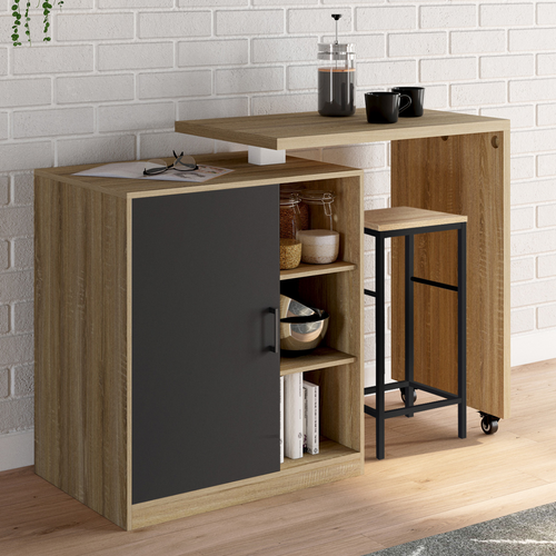 Ilot Rotatif Polo Meuble De Bar Pivotant 2 En 1 Imitation Hêtre Porte Noire