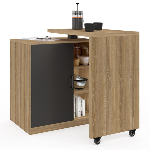 Ilot Rotatif Polo Meuble De Bar Pivotant 2 En 1 Imitation Hêtre Porte Noire