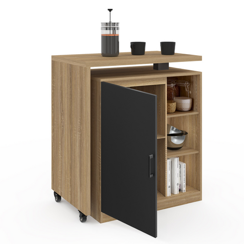 Ilot Rotatif Polo Meuble De Bar Pivotant 2 En 1 Imitation Hêtre Porte Noire