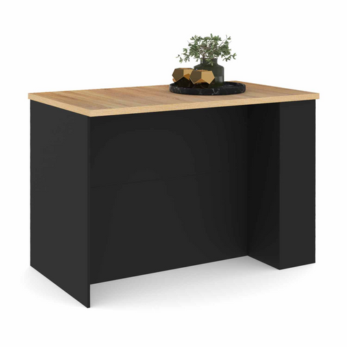 Ilot Central Tibo 120 Cm Bois Noir Avec Plan De Travail Façon Hêtre