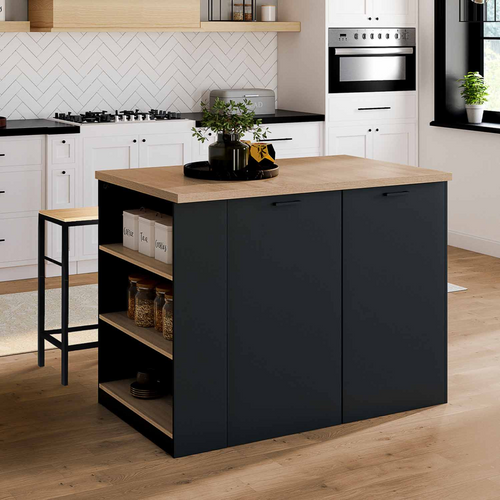 Ilot Central Tibo 120 Cm Bois Noir Avec Plan De Travail Façon Hêtre