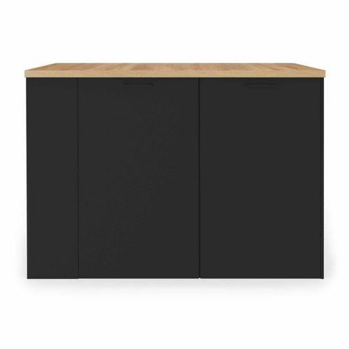 Ilot Central Tibo 120 Cm Bois Noir Avec Plan De Travail Façon Hêtre