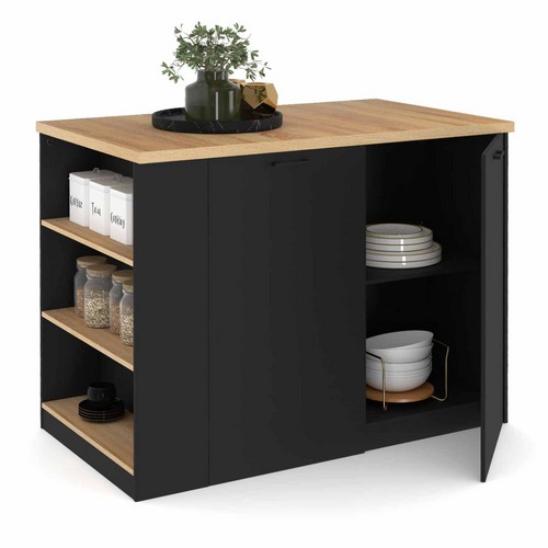 Ilot Central Tibo 120 Cm Bois Noir Avec Plan De Travail Façon Hêtre