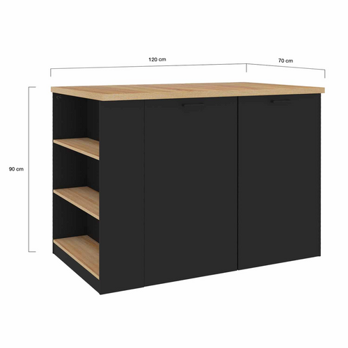 Ilot Central Tibo 120 Cm Bois Noir Avec Plan De Travail Façon Hêtre