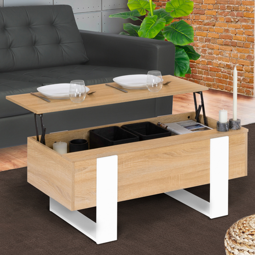 Table Basse Plateau Relevable Rectangulaire Phoenix Bois Et Blanc