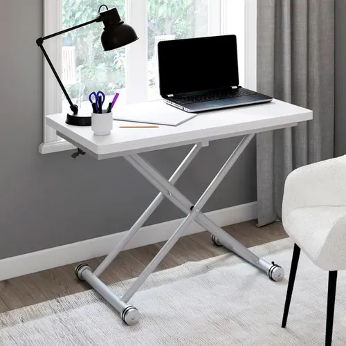 Table Basse Extensible Relevable En Table à Manger Rectangulaire Urbana Plateau Blanc Pied Chrome