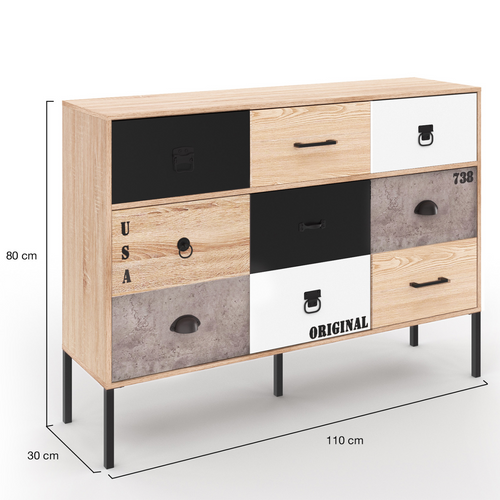 Buffet 3 Portes 3 Tiroirs 110 Cm Sacramento Design Industriel