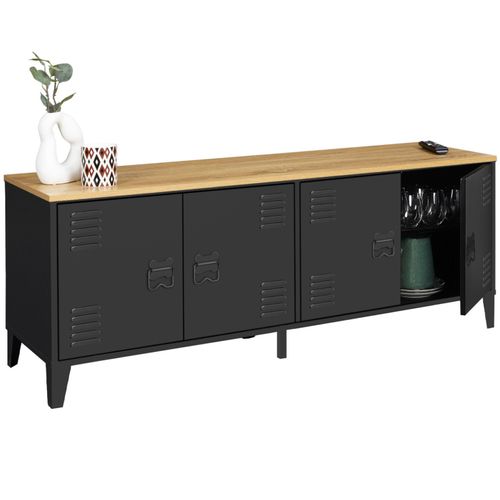 Buffet Bas 140 Cm Ester 4 Portes Métal Noir Et Plateau Bois Design Industriel