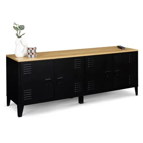Buffet Bas 140 Cm Ester 4 Portes Métal Noir Et Plateau Bois Design Industriel