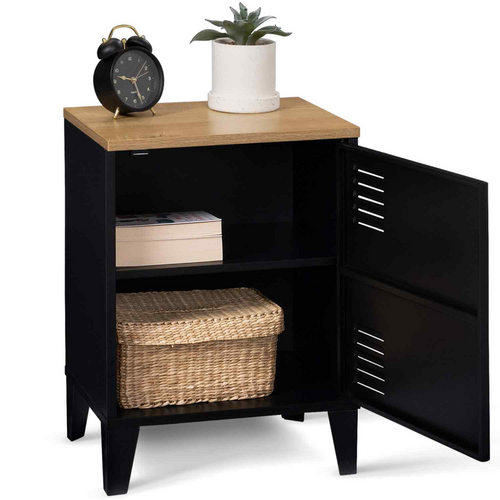 Table De Chevet Ester 1 Porte Métal Noir Plateau Façon Hêtre Design Industriel
