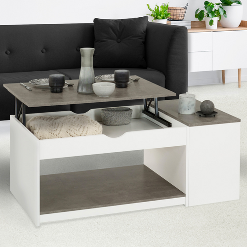 Table Basse Plateau Relevable Rectangulaire Elea Avec Coffre Bois Blanc Et Effet Béton